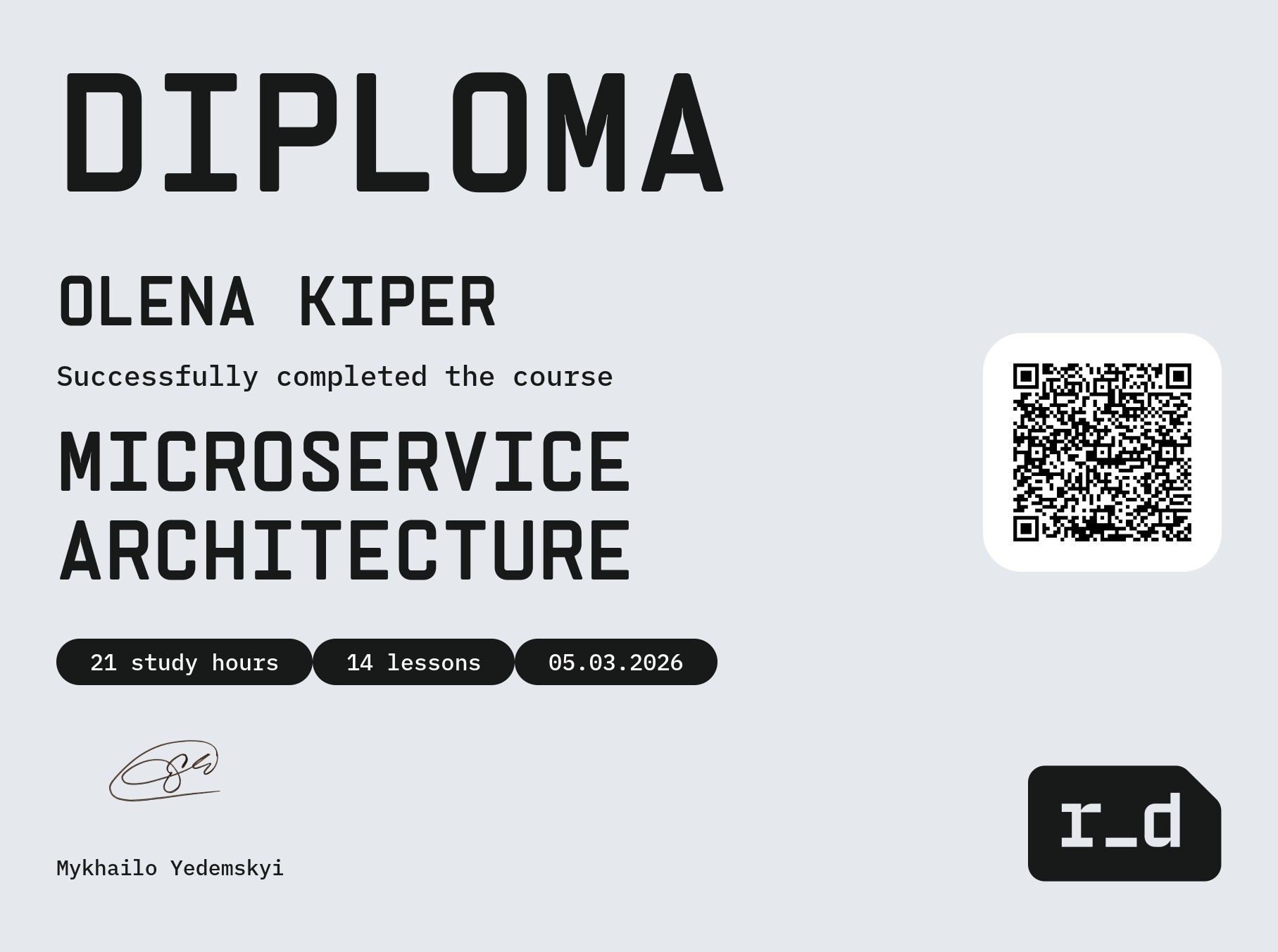 Microservice Architecture — issued to Olena Kiper