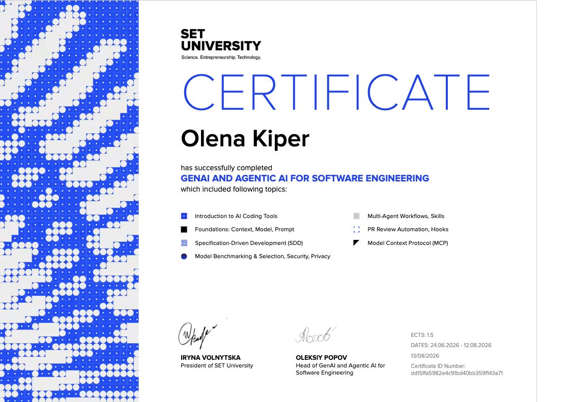 GenAI and Agentic AI for Software Engineering — issued to Olena Kiper